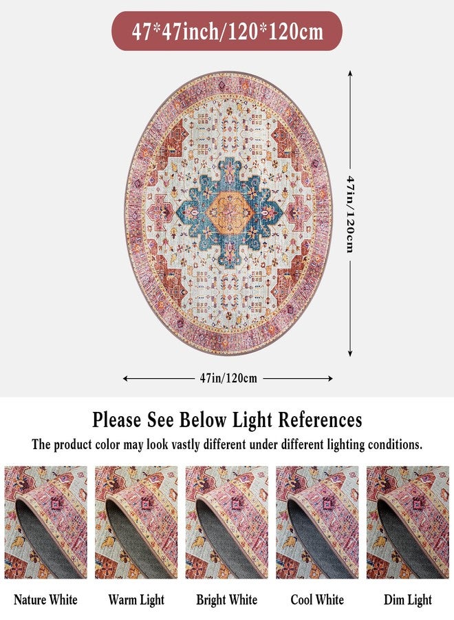 Moynesa Ultra-Thin Washable Round Rug - 4ft Pink Oriental Circle Area Rugs for Nursery Bedroom, Vintage Non Slip Non Shedding Low Pile Carpet for Living Room Coffee Table Entryway - Image 3